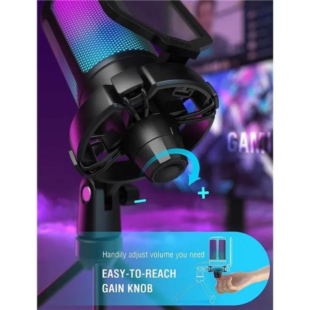 Gaming USB Microphone for PC PS5, Condenser Mic with Quick Mute, RGB Indicator